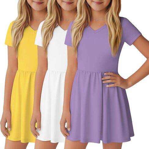 3 حزمة الفتيات فستان قصير الأكمام الصيف الاطفال الخامس الرقبة ألف خط سوينغ متزلج دوامة تي شيرت فساتين للحزب عادية in Kuwait