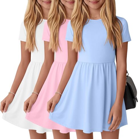 3 Pack Girls' Short Sleeve Dresses A Line Crew Neck Skater Twirl Dress Criss Cross Back Summer Basic Casual Dresses in Kuwait