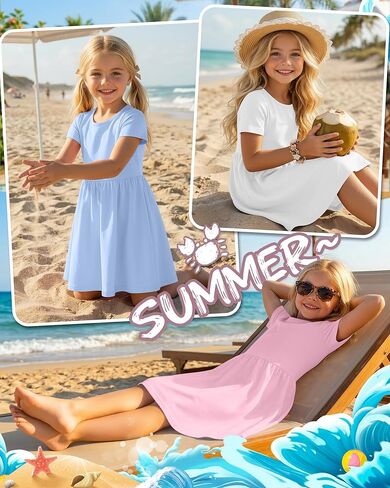 3 Pack Girls' Short Sleeve Dresses A Line Crew Neck Skater Twirl Dress Criss Cross Back Summer Basic Casual Dresses in Kuwait