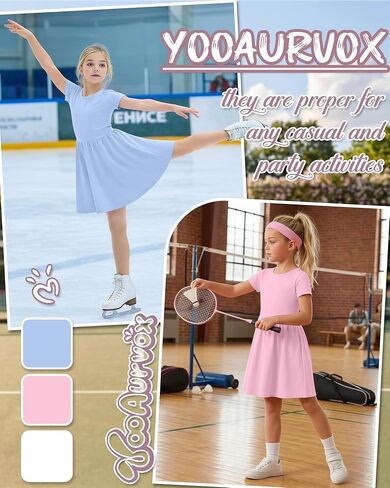 3 Pack Girls' Short Sleeve Dresses A Line Crew Neck Skater Twirl Dress Criss Cross Back Summer Basic Casual Dresses in Kuwait