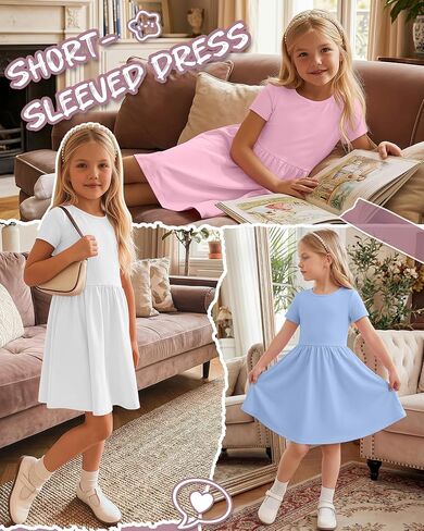 3 Pack Girls' Short Sleeve Dresses A Line Crew Neck Skater Twirl Dress Criss Cross Back Summer Basic Casual Dresses in Kuwait