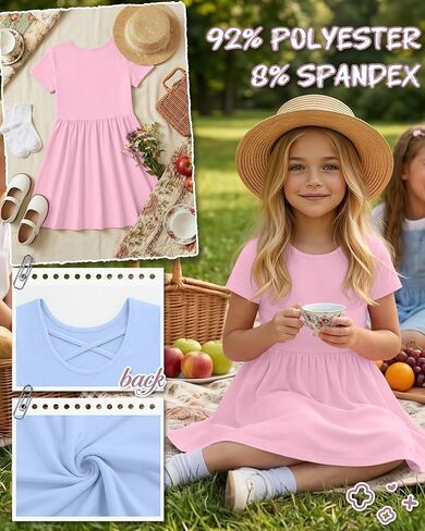 3 Pack Girls' Short Sleeve Dresses A Line Crew Neck Skater Twirl Dress Criss Cross Back Summer Basic Casual Dresses in Kuwait