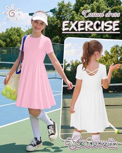 3 Pack Girls' Short Sleeve Dresses A Line Crew Neck Skater Twirl Dress Criss Cross Back Summer Basic Casual Dresses in Kuwait