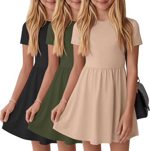 3 Pack Girls' Short Sleeve Dresses A Line Crew Neck Skater Twirl Dress Criss Cross Back Summer Basic Casual Dresses in Kuwait
