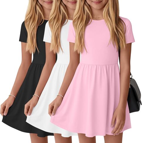 3 Pack Girls' Short Sleeve Dresses A Line Crew Neck Skater Twirl Dress Criss Cross Back Summer Basic Casual Dresses in Kuwait