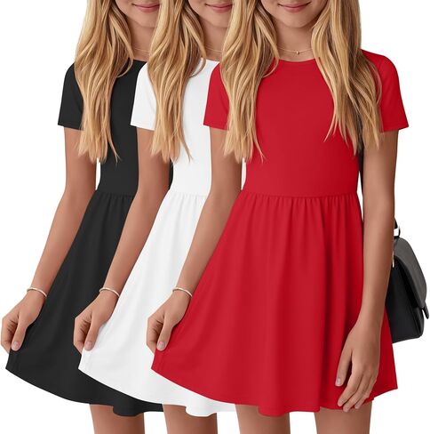 3 Pack Girls' Short Sleeve Dresses A Line Crew Neck Skater Twirl Dress Criss Cross Back Summer Basic Casual Dresses in Kuwait