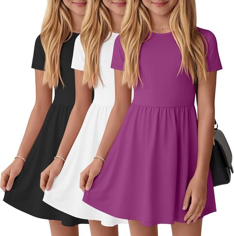 3 Pack Girls' Short Sleeve Dresses A Line Crew Neck Skater Twirl Dress Criss Cross Back Summer Basic Casual Dresses in Kuwait