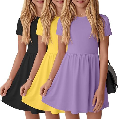 3 Pack Girls' Short Sleeve Dresses A Line Crew Neck Skater Twirl Dress Criss Cross Back Summer Basic Casual Dresses in Kuwait