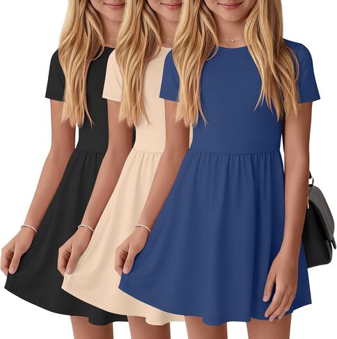 3 Pack Girls' Short Sleeve Dresses A Line Crew Neck Skater Twirl Dress Criss Cross Back Summer Basic Casual Dresses in Kuwait