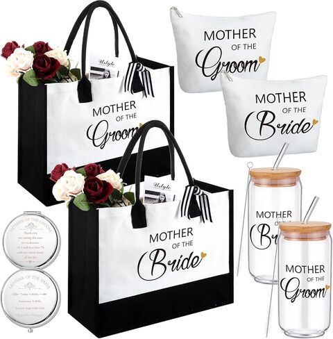 Paterr 8 Pcs Mother of the Bride and Mother of the Groom Gifts Set Canvas Tote Bag Drinking Glass Cups Makeup Bags Mirror in Saudi Arabia