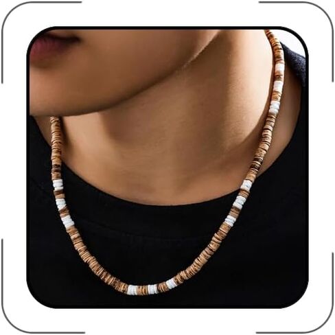 اليدوية مطرز قلادة وسوار مجموعة للرجال، بوكا شل قلادة الرجال سيرفر قلادة رجالي براون جوز الهند صدف الفيروز هيشي قلادة قلادة للنساء، الصيف محارة الشاطئ قلادة المجوهرات (أ) in Kuwait