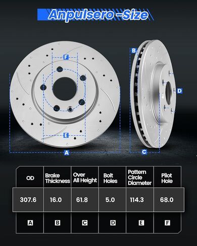 مجموعة فرامل بديلة للسيارات الخلفية Anpulsero، وسادات فرامل دوارات الفرامل المشقوقة المثقوبة المتوافقة مع 2003-2007/2009-2022 Nissan Murano، 2013-2020 Nissan Pathfinder| مطلي بالهندسة| 307.6 ملم (12.1 بوصة) in Kuwait