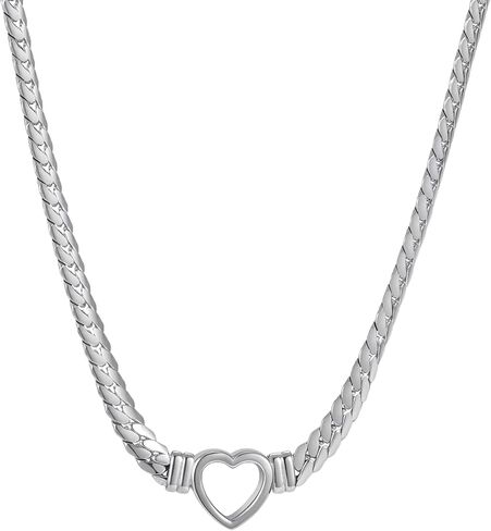 Heart Pendant Cuban Link Chain Necklace, Choker，Gold Silver, Stainless Steel, 40cm Length, 21.5g Weight in Saudi Arabia