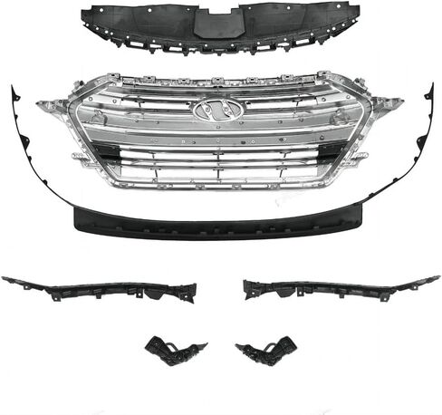 7PC Upper Chrome Grille Radiator Support Cover Bumper Lower Lip Side Bracket Compatible with 2017 2018 Hyundai Elantra in Kuwait