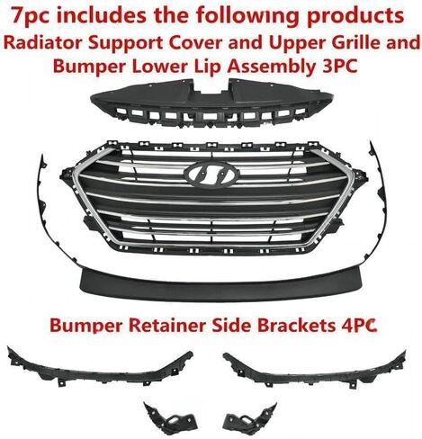 7PC Upper Chrome Grille Radiator Support Cover Bumper Lower Lip Side Bracket Compatible with 2017 2018 Hyundai Elantra in Kuwait
