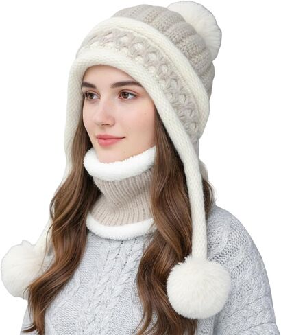 HUAMULAN Women Winter Beanie Hat Circle Scarf Set Pompoms Ski Snow Ear Flaps Sherpa Knit Hats Neck Warmer Set in Kuwait