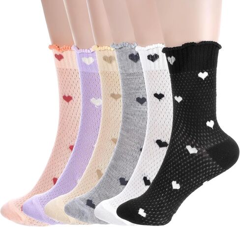 6 Pairs Heart Socks for Women, Ruffle Socks Women with Heart-Shaped Pattern, Soft Breathable Fashionable Ankle Sock, Available In 6 Colors in Kuwait