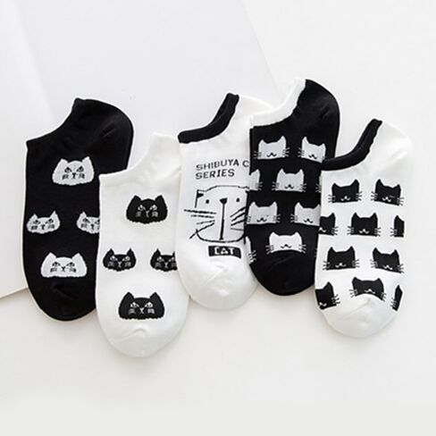5 Pairs Cat Ankle Socks for Women - Breathable Cotton, Cute Animal Print, Novelty Funny Socks Gift Set [Size in Saudi Arabia