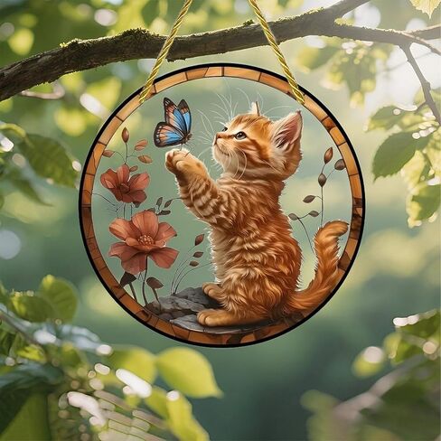 Colorful Acrylic Suncatcher, Kitten Reaching for Butterfly 7-inch Hanging Window Wall Art Decor with Printed Stained Glass Style Design, Gift Idea & Garden Ornament Indoor Outdoor Use in Saudi Arabia