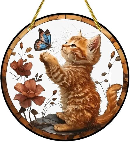Colorful Acrylic Suncatcher, Kitten Reaching for Butterfly 7-inch Hanging Window Wall Art Decor with Printed Stained Glass Style Design, Gift Idea & Garden Ornament Indoor Outdoor Use in Saudi Arabia