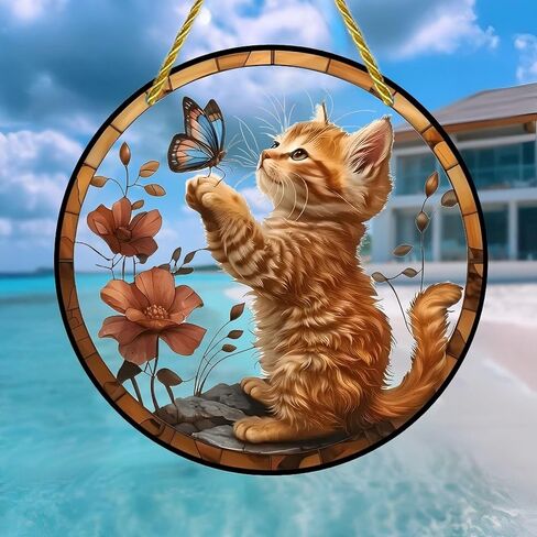Colorful Acrylic Suncatcher, Kitten Reaching for Butterfly 7-inch Hanging Window Wall Art Decor with Printed Stained Glass Style Design, Gift Idea & Garden Ornament Indoor Outdoor Use in Saudi Arabia