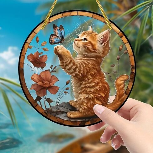 Colorful Acrylic Suncatcher, Kitten Reaching for Butterfly 7-inch Hanging Window Wall Art Decor with Printed Stained Glass Style Design, Gift Idea & Garden Ornament Indoor Outdoor Use in Saudi Arabia