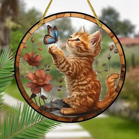 Colorful Acrylic Suncatcher, Kitten Reaching for Butterfly 7-inch Hanging Window Wall Art Decor with Printed Stained Glass Style Design, Gift Idea & Garden Ornament Indoor Outdoor Use in Saudi Arabia
