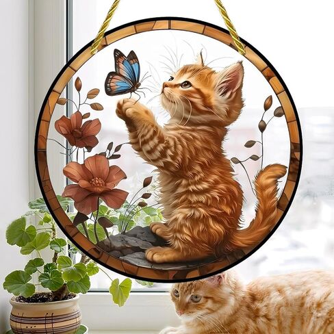 Colorful Acrylic Suncatcher, Kitten Reaching for Butterfly 7-inch Hanging Window Wall Art Decor with Printed Stained Glass Style Design, Gift Idea & Garden Ornament Indoor Outdoor Use in Saudi Arabia
