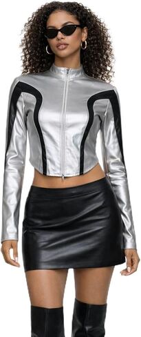 QVA Metallic Crop Jacket, Silver with Black Contrast Panels, Zip-Up Front, Cropped Fit in Saudi Arabia