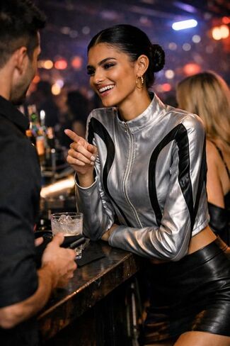 QVA Metallic Crop Jacket, Silver with Black Contrast Panels, Zip-Up Front, Cropped Fit in Saudi Arabia