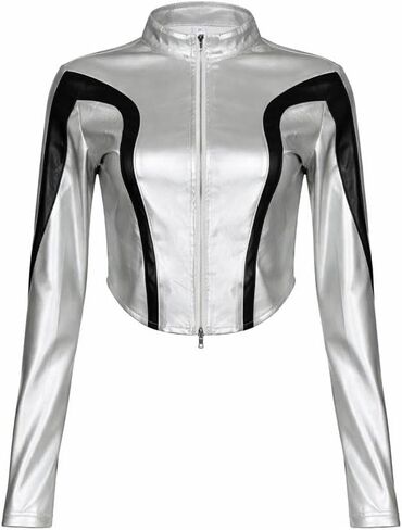 QVA Metallic Crop Jacket, Silver with Black Contrast Panels, Zip-Up Front, Cropped Fit in Saudi Arabia