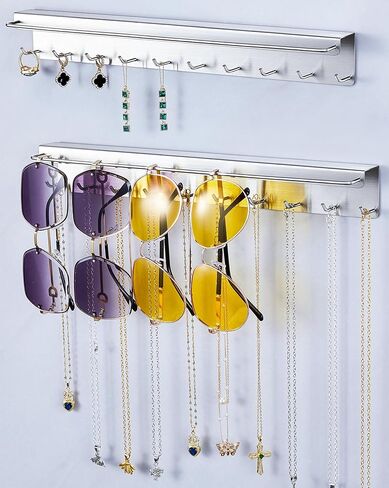 قطعتان من حامل القلادة على الحائط، منظم المجوهرات المعلقة، حامل النظارات الشمسية، عرض منظم القلادة مع 20 خطافًا للمجوهرات لتخزين نظارات السوار والقلائد، فضي in Kuwait