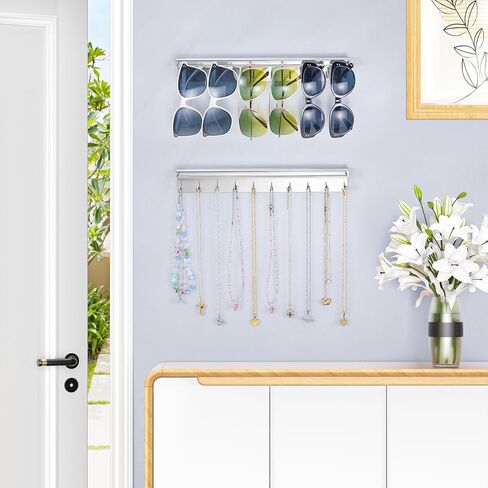 قطعتان من حامل القلادة على الحائط، منظم المجوهرات المعلقة، حامل النظارات الشمسية، عرض منظم القلادة مع 20 خطافًا للمجوهرات لتخزين نظارات السوار والقلائد، فضي in Kuwait
