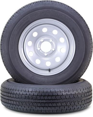 مجموعة عجلة إطارات المقطورة المجانية ST205/75R15 10 طبقات E 110M شديدة التحمل 2400 رطل مع 5 عروة على حافة فضية PCD مقاس 4.5 بوصة، مجموعة 2 in Saudi Arabia