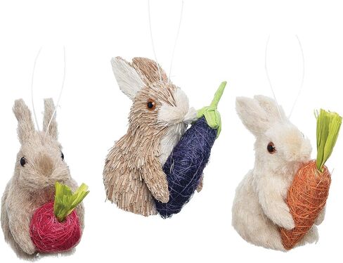 Gallerie II Easter Bunny Rabbits Holding Vegetables Set of 3 Decorative Hanging Ornaments Spring Springtime Handcrafted Home Living Room Decor Decoration White in Kuwait