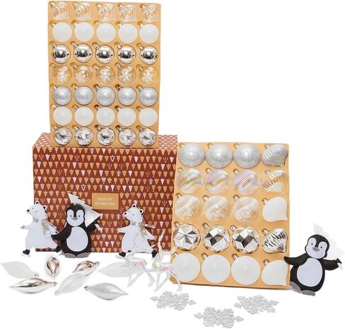 مجموعة كل يوم إز كريسماس الفاخرة المكونة من 80 قطعة من الزخارف المقاومة للكسر، ومجموعة زخارف شجرة كاملة، وكرات وديكورات عيد الميلاد (أبيض فضي) in Kuwait