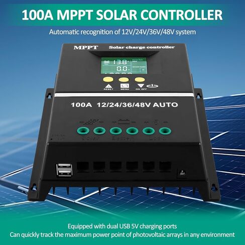 وحدة التحكم بالشحن بالطاقة الشمسية - منظم البطارية الشمسية بشاشة LCD 100 أمبير MPPT، 7 أوضاع 12/24/36/48 فولت منظم الألواح الشمسية الذكي مع منفذ شحن USB مزدوج لحمض الرصاص/الليثيوم in Kuwait