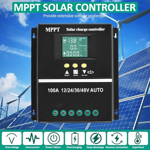 وحدة التحكم بالشحن بالطاقة الشمسية - منظم البطارية الشمسية بشاشة LCD 100 أمبير MPPT، 7 أوضاع 12/24/36/48 فولت منظم الألواح الشمسية الذكي مع منفذ شحن USB مزدوج لحمض الرصاص/الليثيوم in Kuwait