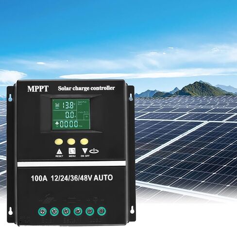 وحدة التحكم بالشحن بالطاقة الشمسية - منظم البطارية الشمسية بشاشة LCD 100 أمبير MPPT، 7 أوضاع 12/24/36/48 فولت منظم الألواح الشمسية الذكي مع منفذ شحن USB مزدوج لحمض الرصاص/الليثيوم in Kuwait