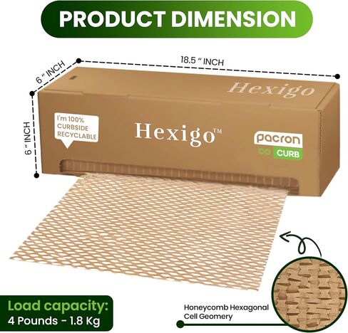 Hexigo Honeycomb Packing Paper Roll - 12"x300' Recyclable Brown Kraft Paper for Wrapping & Packing - Eco-Friendly Expanded Packing Paper in Self-Dispensed Box For Dishes & Kitchen Essentials in Kuwait