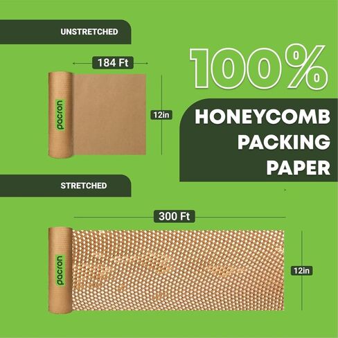 Hexigo Honeycomb Packing Paper Roll - 12"x300' Recyclable Brown Kraft Paper for Wrapping & Packing - Eco-Friendly Expanded Packing Paper in Self-Dispensed Box For Dishes & Kitchen Essentials in Kuwait