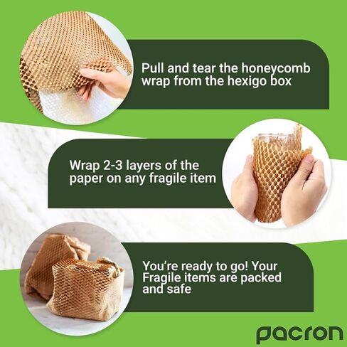 Hexigo Honeycomb Packing Paper Roll - 12"x300' Recyclable Brown Kraft Paper for Wrapping & Packing - Eco-Friendly Expanded Packing Paper in Self-Dispensed Box For Dishes & Kitchen Essentials in Kuwait