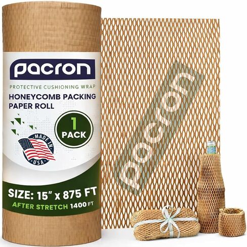 Honeycomb Packing Paper Roll – Eco Friendly Bubble Wrap Alternative for Fragile Shipping, Plastic-Free Honeycomb Wrap for Glass, Ceramics & Moving Supplies, (15"x875Ft) in Kuwait
