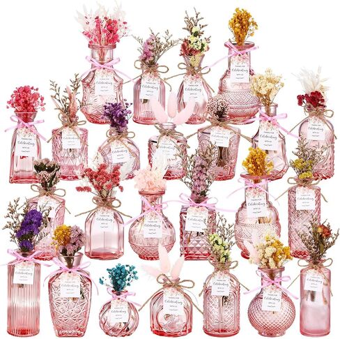 24 Set Wildflowers Table Centerpiece with Pink Bud Vases Thank You Cards Pink Vintage Glass Vases Spring Colorful Wildflower Centerpieces for Wedding Baby Shower Table Centerpieces Party Decoration in Kuwait