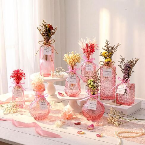 24 Set Wildflowers Table Centerpiece with Pink Bud Vases Thank You Cards Pink Vintage Glass Vases Spring Colorful Wildflower Centerpieces for Wedding Baby Shower Table Centerpieces Party Decoration in Kuwait