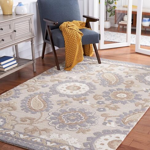 سجادة SAFAVIEH Blossom Collection - 2'3" x 9'، رمادي وبيج، صوف مزين بزهور الريف الفرنسي مصنوع يدويًا، مثالي للمناطق ذات حركة المرور العالية في غرفة المعيشة وغرفة النوم (BLM375F) in Saudi Arabia