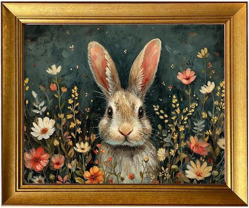 Spring Rabbit Wall Art Gold Framed Easter Picture Wall Decor Vintage Bunny Artwork Print Moody Bunny With Flowers Easter Print Nursery Kids Room Decor Farmhouse Canvas Painting in Saudi Arabia