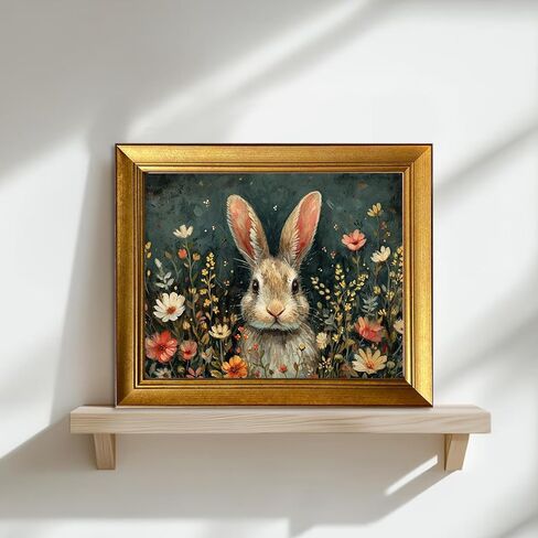 Spring Rabbit Wall Art Gold Framed Easter Picture Wall Decor Vintage Bunny Artwork Print Moody Bunny With Flowers Easter Print Nursery Kids Room Decor Farmhouse Canvas Painting in Saudi Arabia