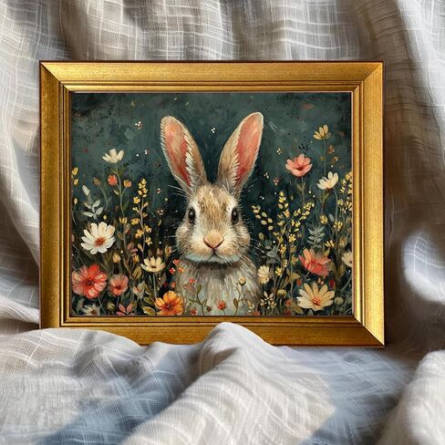 Spring Rabbit Wall Art Gold Framed Easter Picture Wall Decor Vintage Bunny Artwork Print Moody Bunny With Flowers Easter Print Nursery Kids Room Decor Farmhouse Canvas Painting in Saudi Arabia
