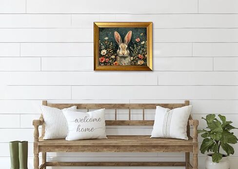 Spring Rabbit Wall Art Gold Framed Easter Picture Wall Decor Vintage Bunny Artwork Print Moody Bunny With Flowers Easter Print Nursery Kids Room Decor Farmhouse Canvas Painting in Saudi Arabia